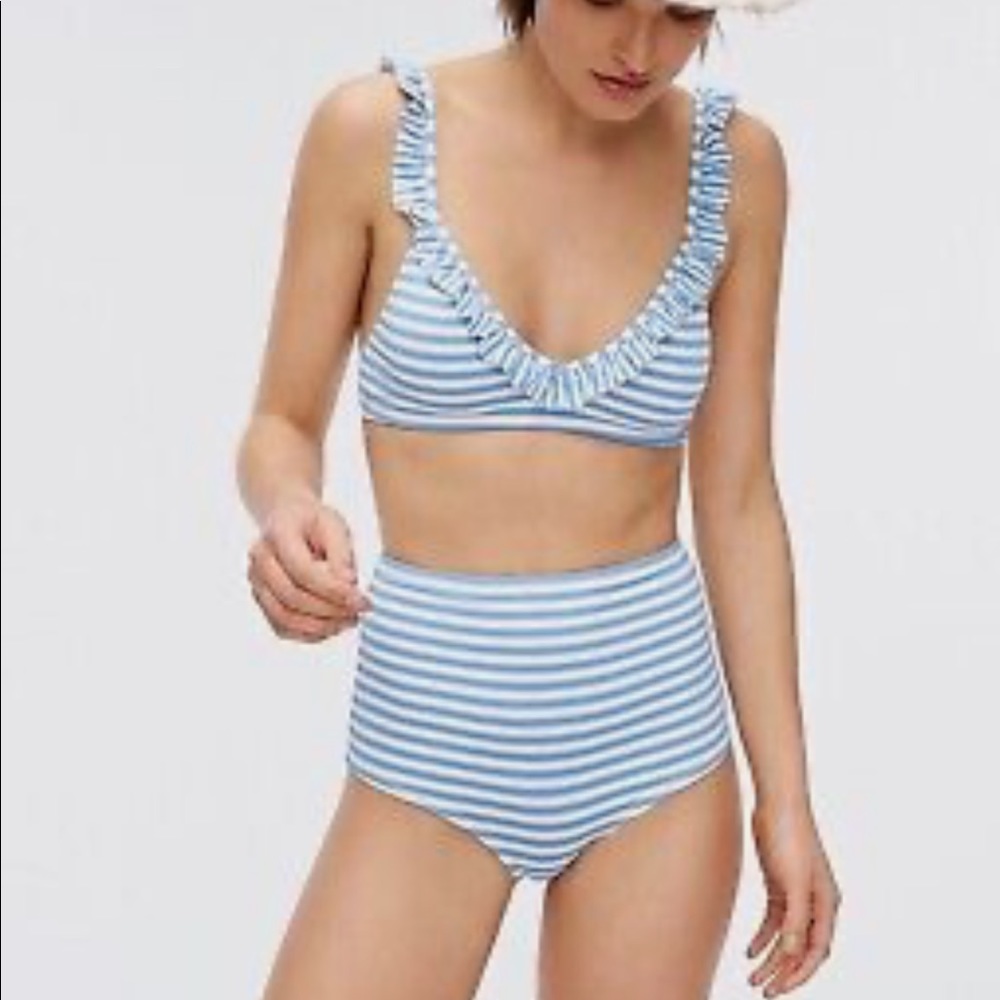 COPY - NEVER WORN J.Crew Ruffle Trim High Wasted Bikini Size Small in Blue/Ivor…